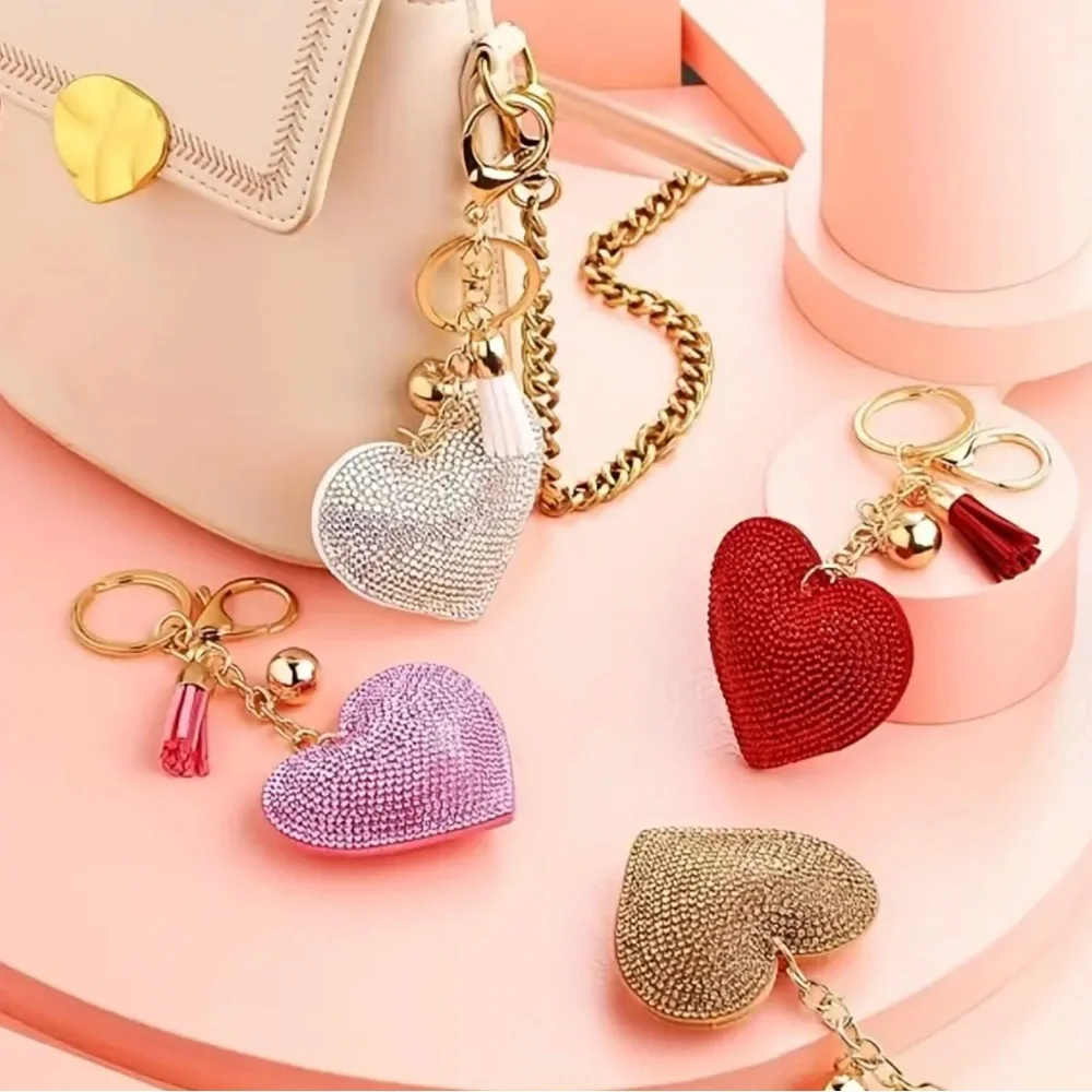 Red Heart Rhinestones Keychain and Faux Leather with Gold Hardware